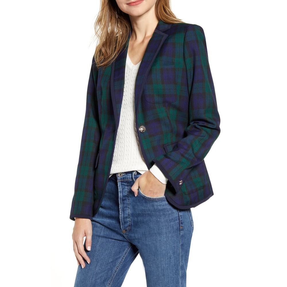 [Tommy Hilfiger] Navy Blue Green Blackwatch Tartan Plaid Blazer Jacket Work 16